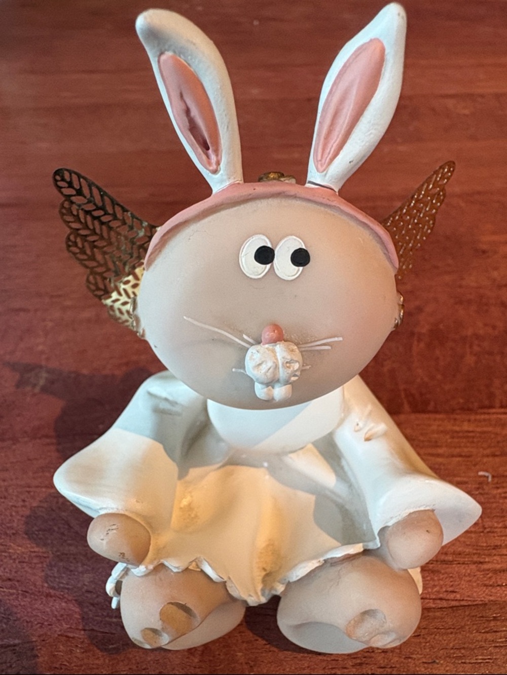 Kirk’s 2001 Russ Berrie White and Pink Bunny Angel Figurine with Gold Mesh Wings